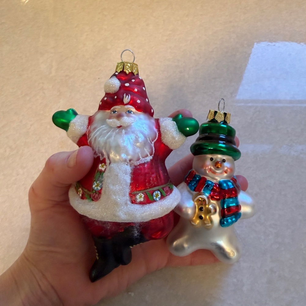 Vintage hand blown glass Santa and Snowman Holiday Ornaments